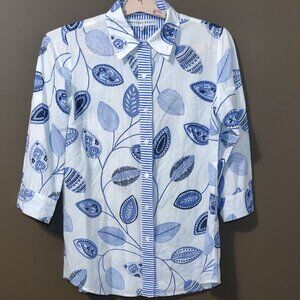 Gretchen Scott Blue and White Paisley Leaves 3/4 Sleeve Cotton Blouse SI…